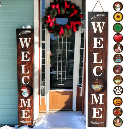 Seasonal Welcome Porch Sign with 12 Interchangeable Icons, 47-Inch Leaner Board in Six Color Options