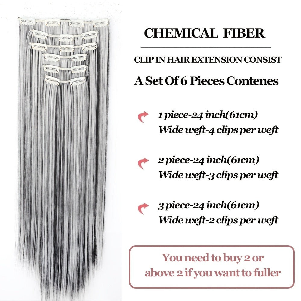 Hair Extensions Straight 24-Inch Synthetic Clip-In Set with Six Wefts in Black or Space Gray