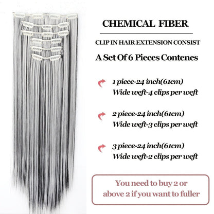 Hair Extensions Straight 24-Inch Synthetic Clip-In Set with Six Wefts in Black or Space Gray