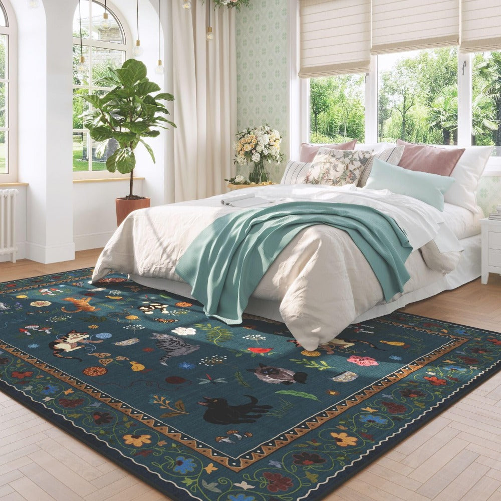 Area Rug, Vintage Blue Cat and Floral Low-Pile Carpet in Rectangle, Runner and Round Size Options