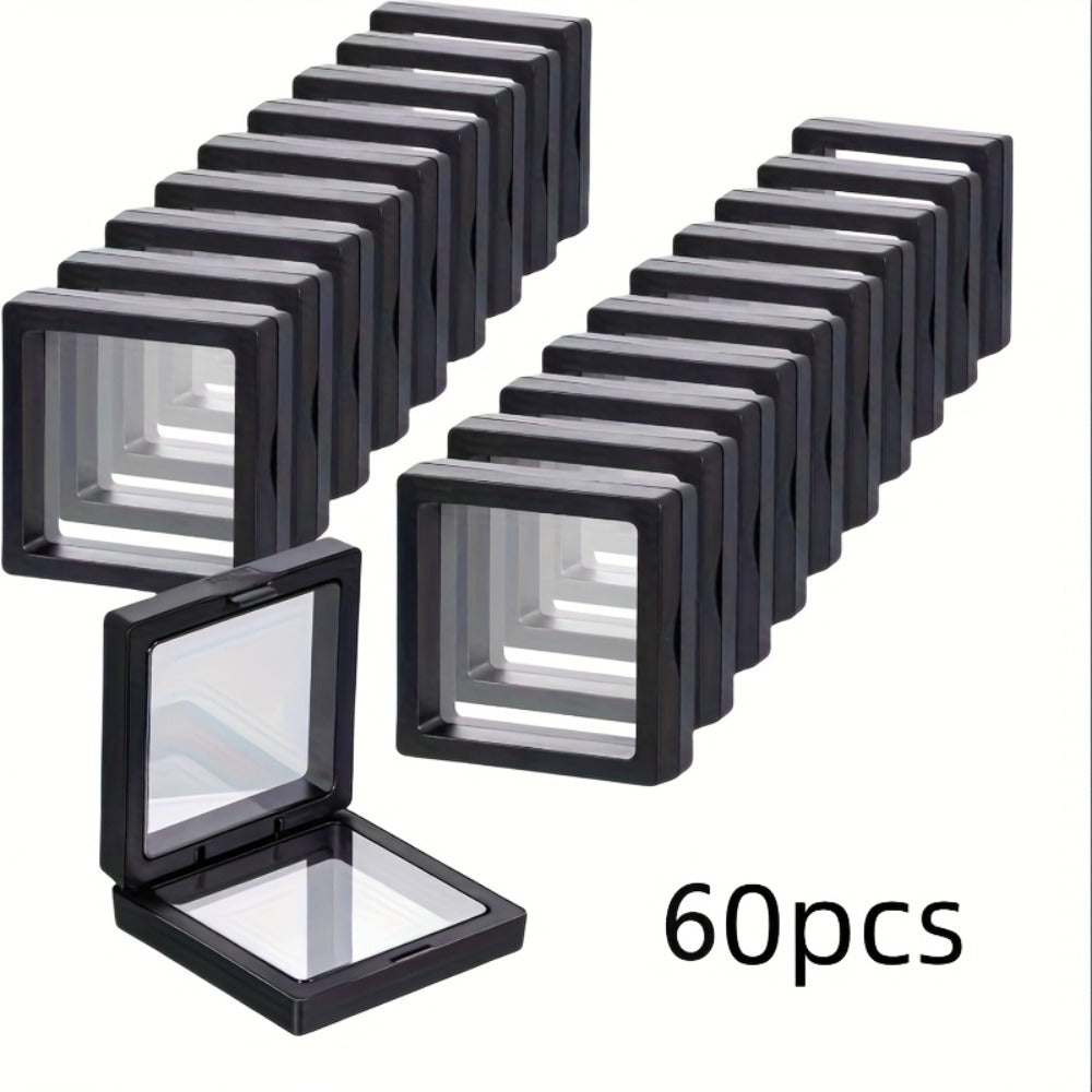 3D Floating Jewelry Display Box Bulk Set | Black Plastic Frame Clear Acrylic Panel Fabric-Lined Organizer for Jewelry Coins Collectibles – Secure Clasp Closure – 30 or 60 Pieces