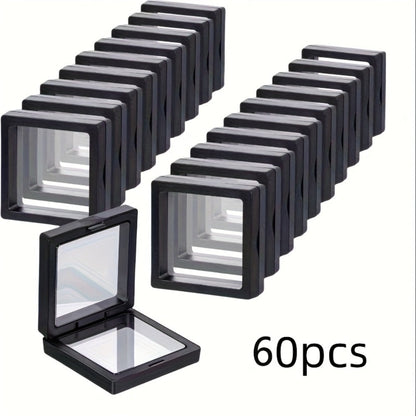 3D Floating Jewelry Display Box Bulk Set | Black Plastic Frame Clear Acrylic Panel Fabric-Lined Organizer for Jewelry Coins Collectibles – Secure Clasp Closure – 30 or 60 Pieces