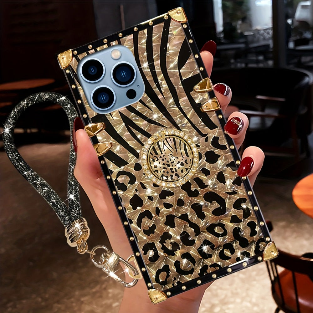 Leopard Print iPhone Case with Ring Buckle Stand Anti-Drop Fashion Rectangular Cover for iPhone 16 Pro Max 15 Pro Max 15 Plus 14 Pro Max 13 Pro Max 12 Pro Max – Trendy Women Girls Kickstand Phone Case
