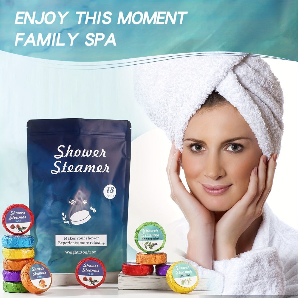 Eighteen Individually Wrapped Shower Steamers with Six Fragrance Labels and 30 g Tablet Packaging
