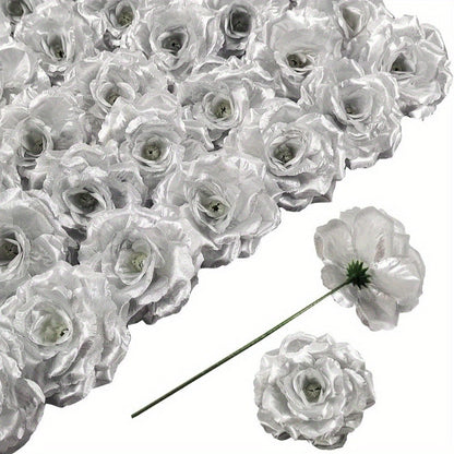 Artificial Roses with Stems 50pcs Silk Fake Flowers | 3 Inch Flower Head 6 Inch Stem Detachable DIY | Wedding Valentine's Day Home Decor Bouquet Arrangement in 6 Colors