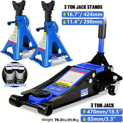Hydraulic Floor Jack Kit 2/2.5/3 Ton Low Profile Trolley Jack with Jack Stands, Tire Repair Kit, Wheel Wrench & Wheel Chock Combo - Red/Blue