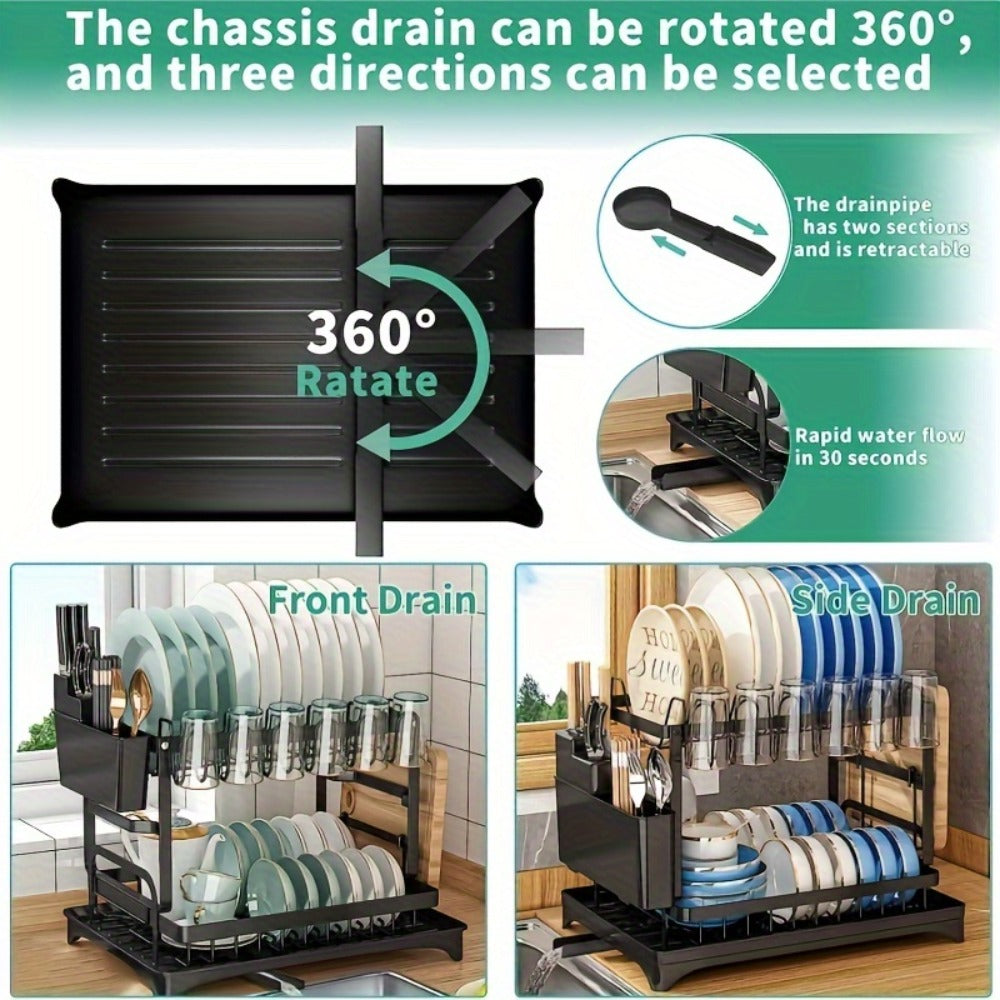 Two-Tier Dish Drying Rack with Rotating Drain Tray, Cup Holders and Black or White Frame Options