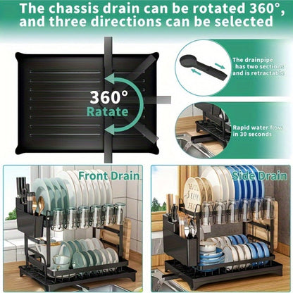 Two-Tier Dish Drying Rack with Rotating Drain Tray, Cup Holders and Black or White Frame Options