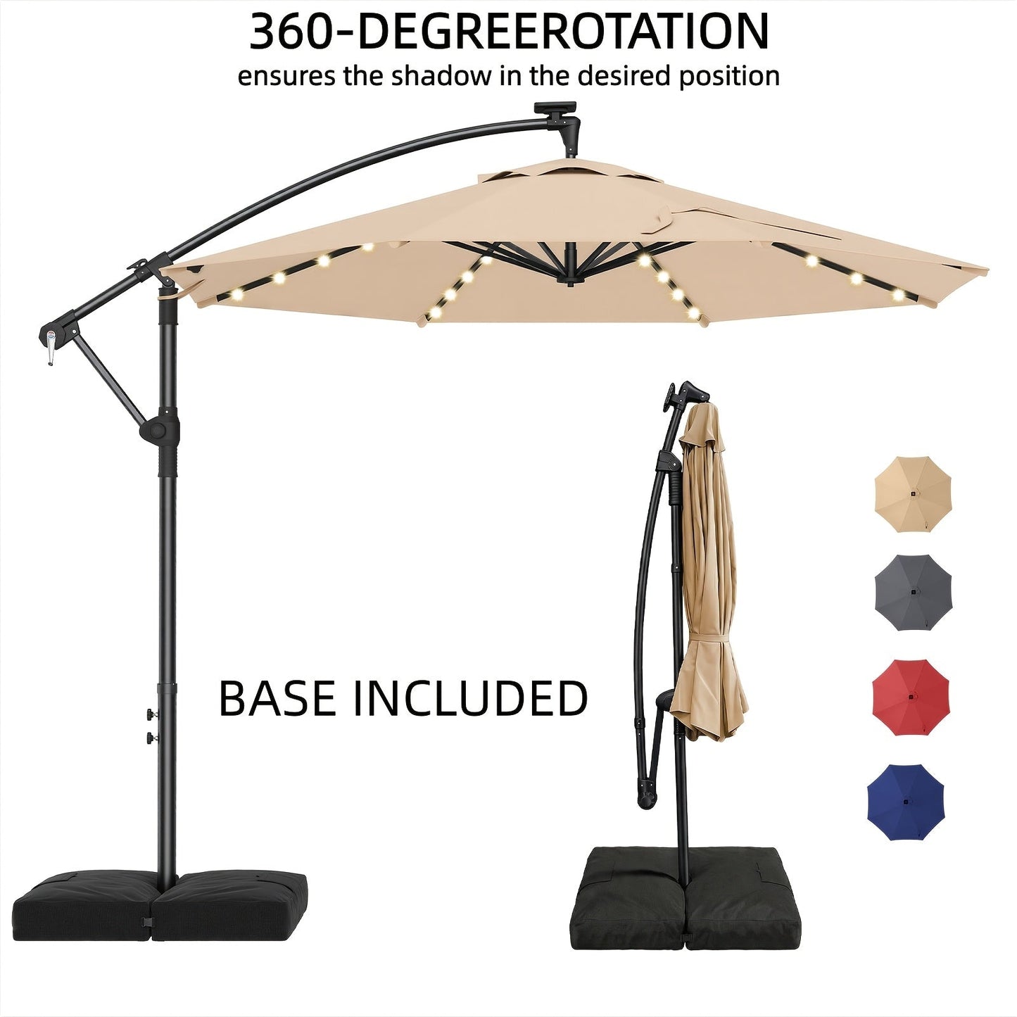 Offset Patio Umbrella shown in the 360° Rotation Beige with Base option