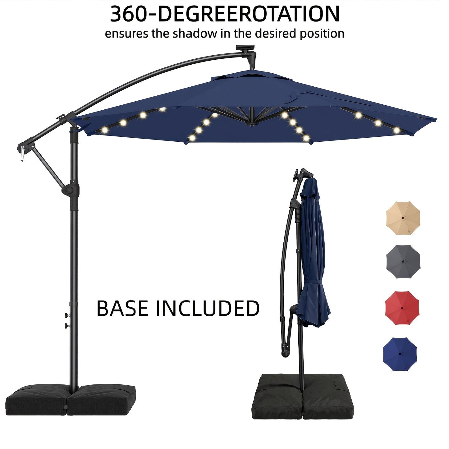 Offset Patio Umbrella shown in the 360° Rotation Blue with Base option