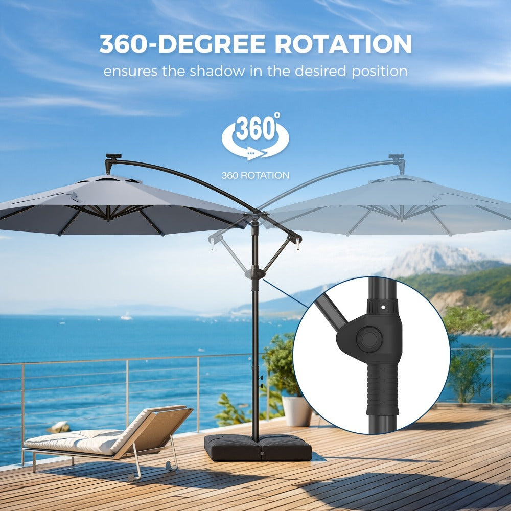 Offset Patio Umbrella, 10ft 360-Degree Rotation Solar with Base Included, 32 LED Lights shown in the main product view