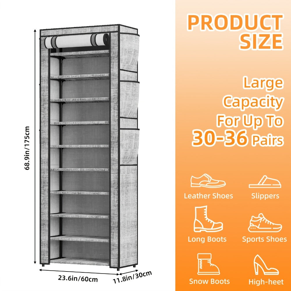 10-Tier Freestanding Shoe Rack with Dustproof Cover and Large-Capacity Storage detail image - detail view 3
