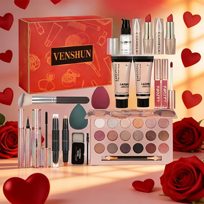 Makeup Kit with 18-Color Eyeshadow Palette, Face, Lip and Eye Cosmetics, Brushes and Tools in a Red Gift Box