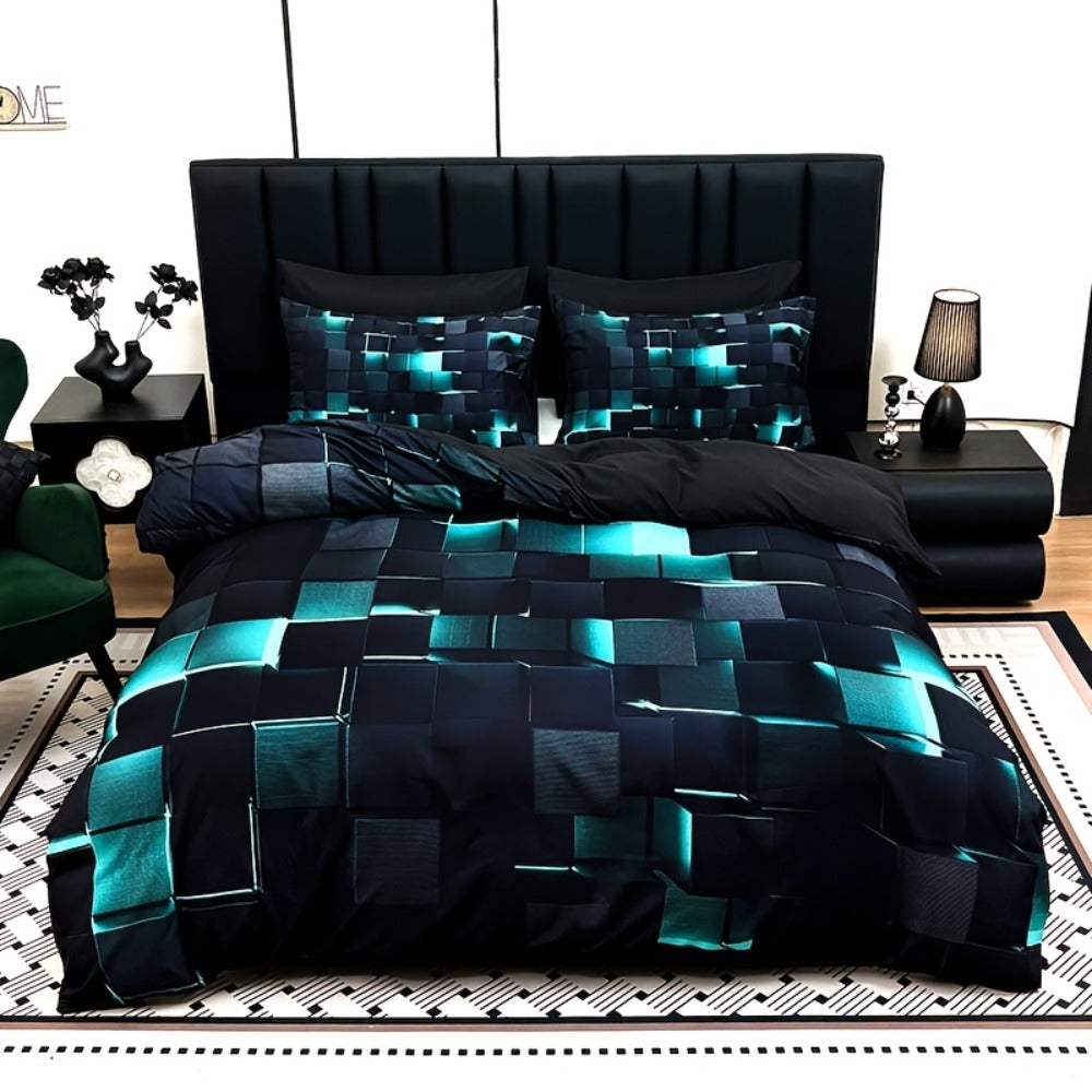 Three-Piece Plaid Duvet Cover Set with Two Pillowcases in Five Colors and Four Bed Sizes for Home and Everyday Use