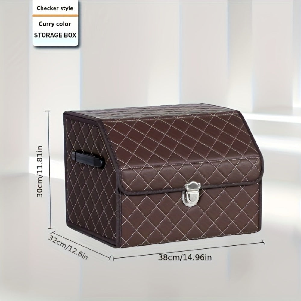 Car Trunk Organizer, Foldable PU Leather Lidded Box in Two Sizes with Lock-Style Closure and Three Color Options