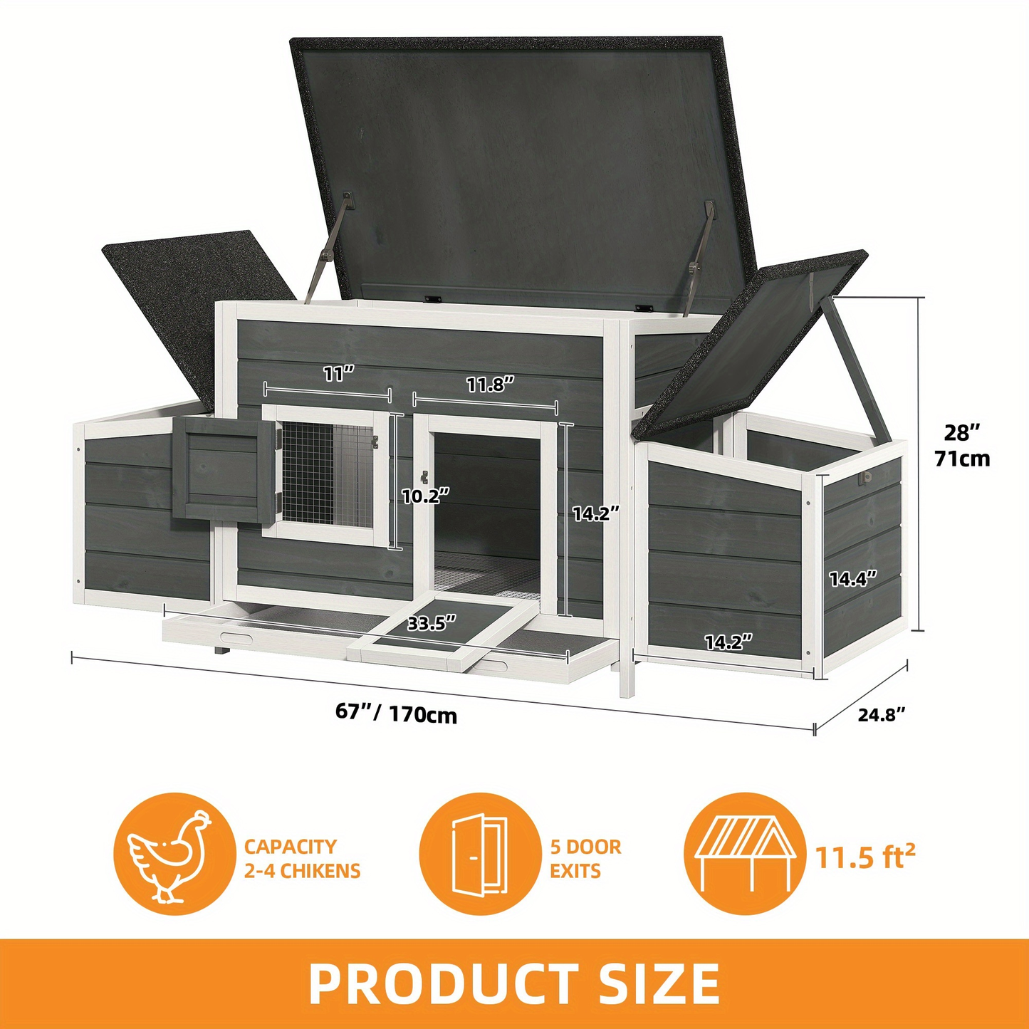 Wooden Hen House with 67in Frame, Two Nest Boxes, Ramp and Gray or Brown Two-Tone Outdoor Finish