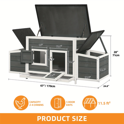 Wooden Hen House with 67in Frame, Two Nest Boxes, Ramp and Gray or Brown Two-Tone Outdoor Finish