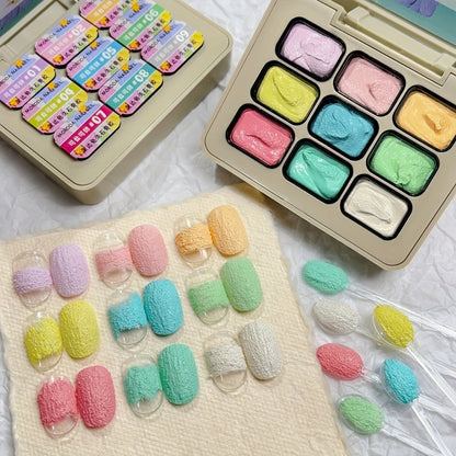 Plaster Texture Nail Art Gel Nine-Color Pastel Palette in a Compact Metal Case for Raised Sculpted Designs