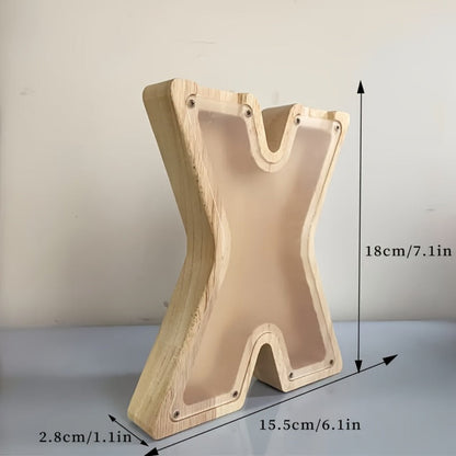 Wooden Alphabet Letter Coin Bank with Clear Front Panel, Top Slot and Eight Initial Options for Home Decor