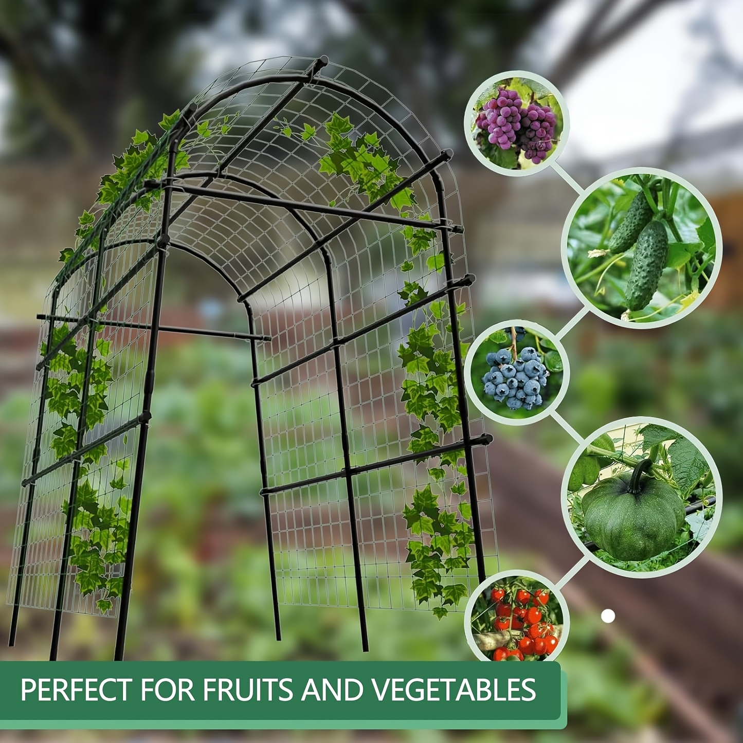 Garden Arch Trellis 7.5ft Tall Metal Climbing Plant Support with Netting for Vegetables Flowers Roses Outdoor Pergola Arbor Wedding Party Decoration Black