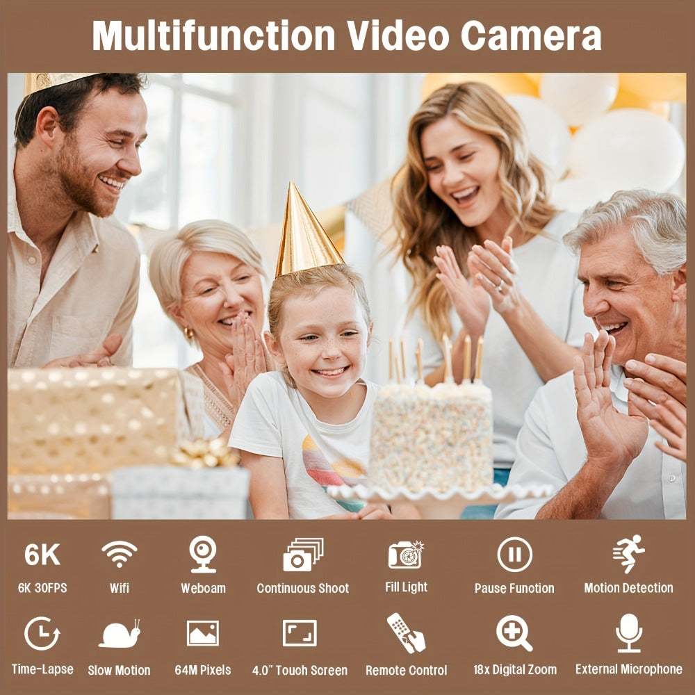 6K 64MP Video Camera Camcorder with IR Night Vision – DINGETU 18X Zoom Vlogging Camera, 4.0" Touch Screen, WiFi, 2.4G Remote, External Mic, 64GB SD Card, 4500mAh Battery, YouTube Camera
