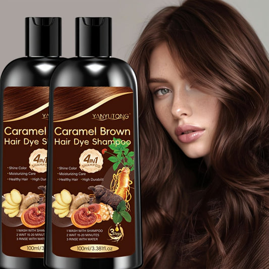 Caramel Brown Hair Dye Shampoo 4-in-1 with Ginseng, Reishi Mushroom & Ginger Extract - Instant Color, Shine, Volume & Smoothness, All Hair Types, Unisex, 3.38oz x 2 Bottles