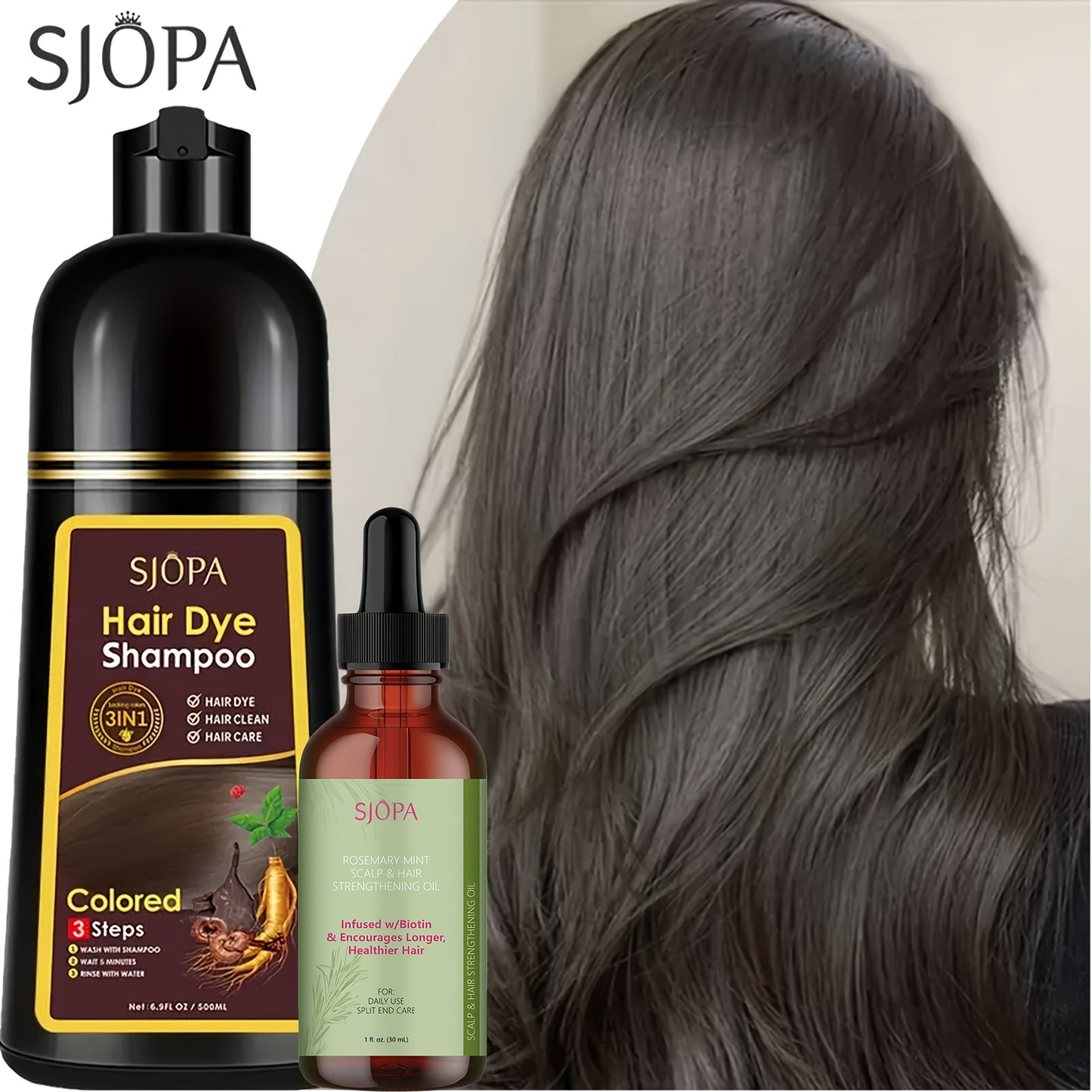 Hair Dye Shampoo, SJOPA 500ml Bottle and Rosemary Hair Oil Set with Seven Color Options for At-Home Color Selection