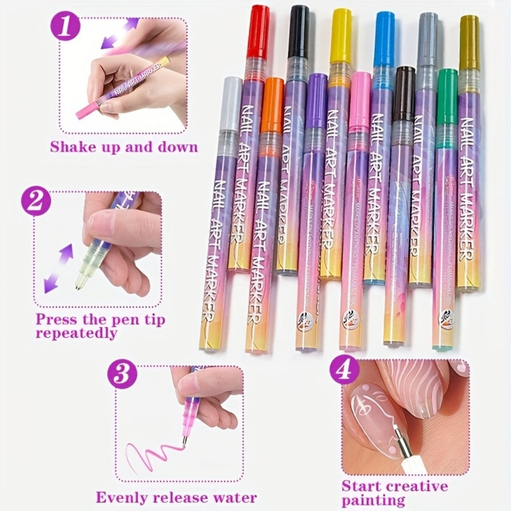 Acrylic Nail Art Pen Set 12 Colors 3D Doodle & Dot Stitching Pens, Quick Drying Precision Fine Tip for