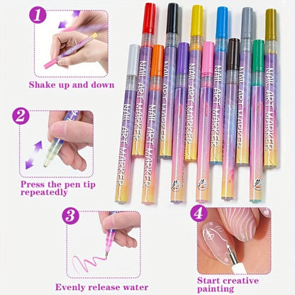 Acrylic Nail Art Pen Set 12 Colors 3D Doodle & Dot Stitching Pens, Quick Drying Precision Fine Tip for
