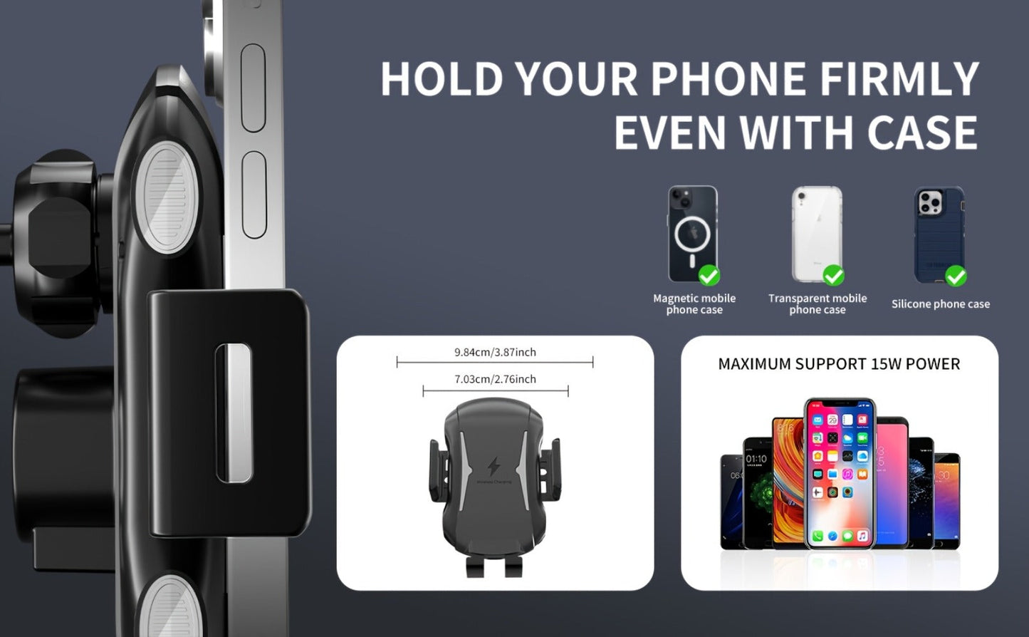 Infrared Auto-Sensing Car Phone Mount 10W Wireless Charging Auto-Lock Clamp Vent Clip Dashboard Suction 360° for iPhone 16 15 14 13 12, Samsung Galaxy S24 S23 S22, All Qi Devices – Black