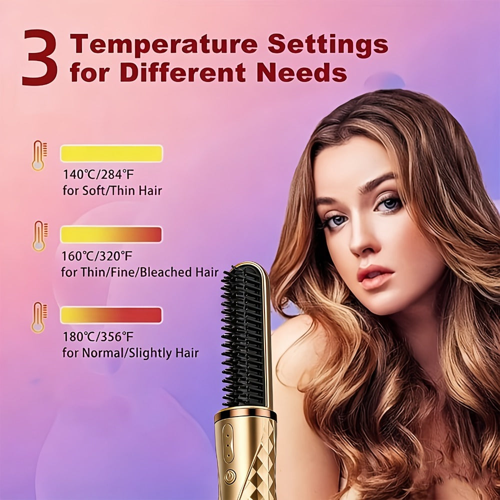 Cordless Hair Straightener Brush with USB-C Charging, Three Temperature Settings and Pink or Beige Finish