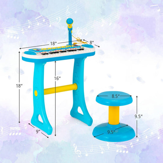 Kids Piano Keyboard 31-Key with Microphone & Stool, 22 Demos 8 Tones 7 Rhythms Flashing Lights, Portable Musical Toy for Toddlers Boys Girls Age 3+, Blue