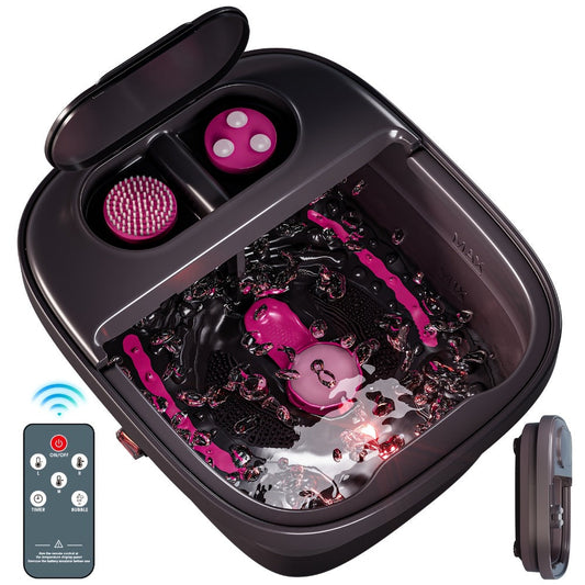 Collapsible Foot Spa Bath with Heat Bubble Massager & Remote Temperature Control - 3 Pedicure Attachments Foldable Foot Soak Tub with Handle for Home Relaxation Pedicure, Gift for Women, Rose Red