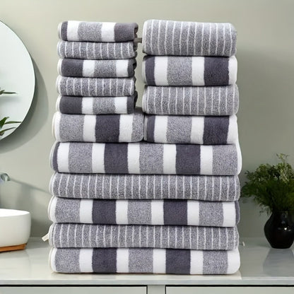 Coral Fleece Towel Set 9 or 15 Piece No Hair Loss 320GSM - Super Soft Absorbent Two-Color Striped | 2 Bath 2 Face 5 Hand Towels | Gray Brown Red Green Blue Mixed | Bathroom Beach Essentials