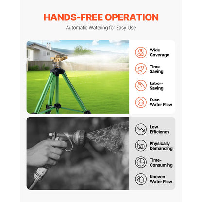 Green Tripod Garden Sprinkler with Rotating Brass Head, Adjustable Legs and Pictured 17- to 37-Inch Height