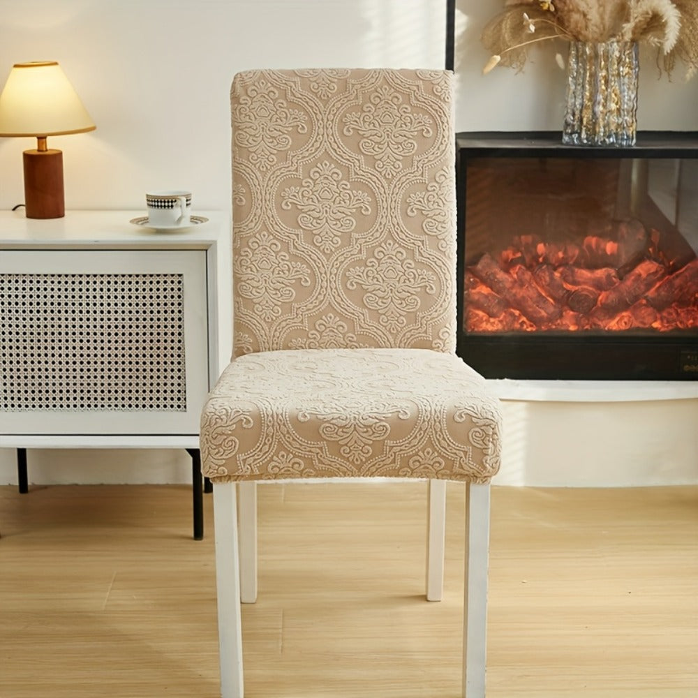 Paisley Stretch Velvet Dining Chair Covers in Off White, Light Gray, Deep Gray or Khaki, Four- or Six-Piece Sets