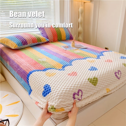 Milk Velvet Fitted Bed Sheet with Heart Carved Design – Soft Mattress Protective Cover, Fully Enclosed Dust Cover, Machine Washable Bedding for Bedroom, Guest Room & Hotel – Twin Full Queen King