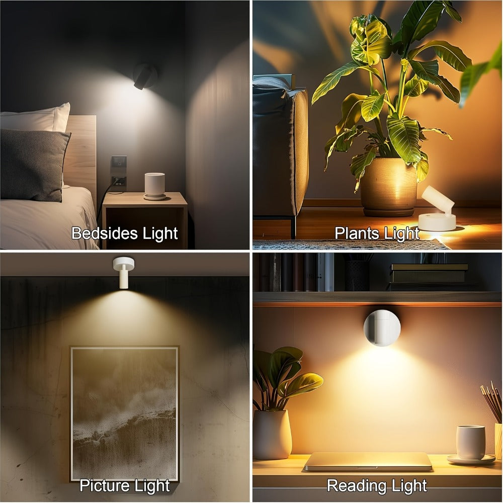 Rechargeable Indoor Spotlight LED – 3-Color Dimmable with Remote & Timer, 350° Adjustable, 2500mAh Battery, Magnetic Base Wall Accent Light for Pictures, Plants & Artwork (White / Black, 1 or 2 Pack)