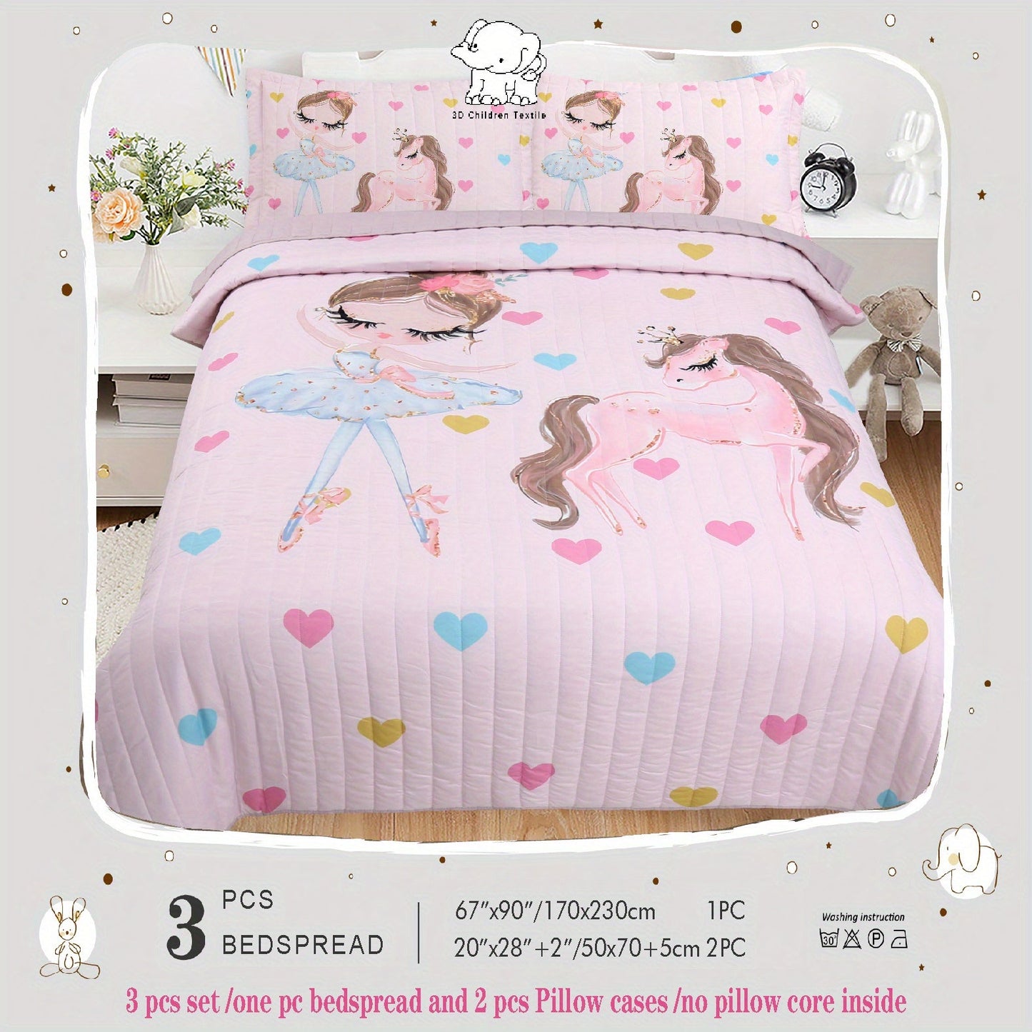 Pink Pony and Princess Print Three-Piece Bedspread Set with 67 x 90-Inch Cover and Two 20 x 28-Inch Shams