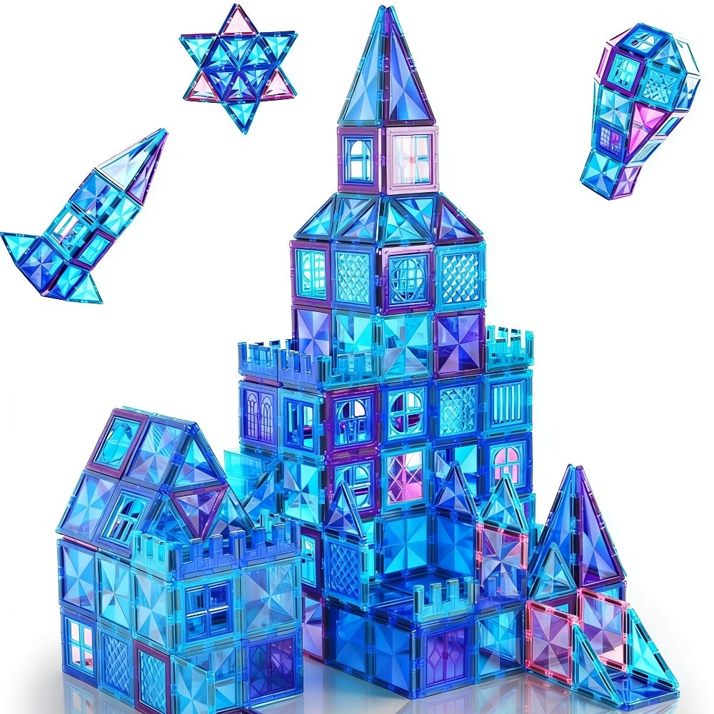 32-Piece Blue and Purple Magnetic Tile Castle Set with Squares, Triangles and Window Pieces