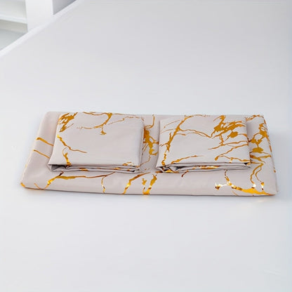 3-Piece Duvet Cover Set with Bronzed-Look Marble Vein Print in White, Khaki or Black and Four Sizes