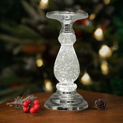 Candle Holder LED Swirl Globe Pedestal with Acrylic Water Chamber, Top Candle Tray and Silver, Gold or Santa Options