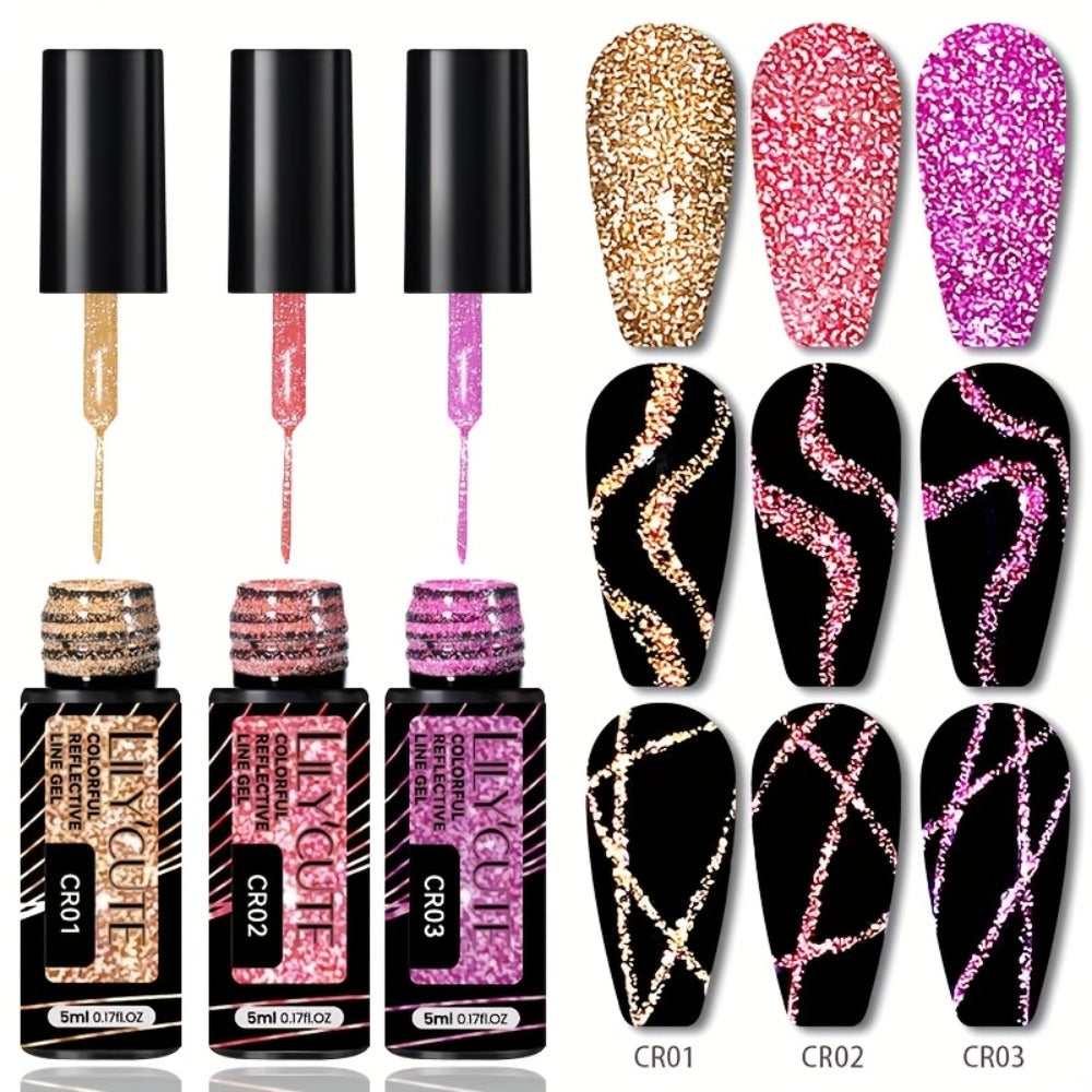 Reflective Line Nail Art Gel Set with Three 5ml LILYCUTE Bottles, Slim Liner Brushes and Two Color Group Options