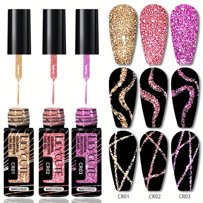 Reflective Line Nail Art Gel Set with Three 5ml LILYCUTE Bottles, Slim Liner Brushes and Two Color Group Options