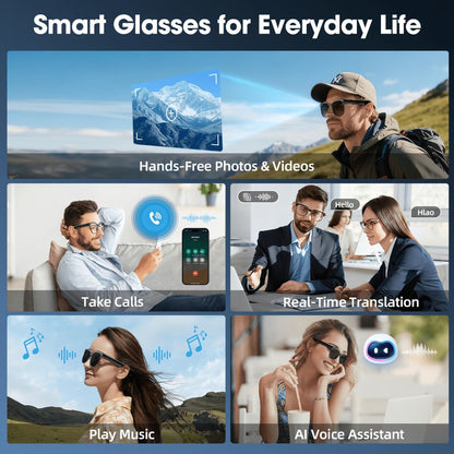 Smart Glasses 8MP Camera Eyewear with Photochromic Lenses, Translation, Object Recognition and Bluetooth Audio