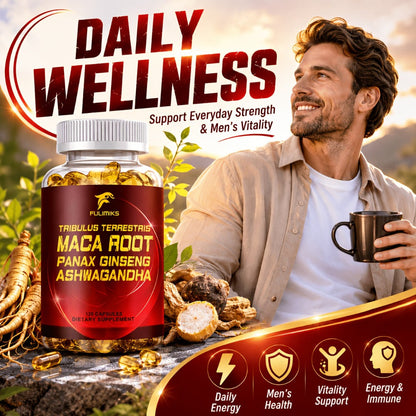 Men's Vitality Capsules with Tribulus Terrestris, Maca Root, Panax Ginseng & Ashwagandha – Daily Immune & Energy Support Supplement for Men | 120 Capsules | ShopVora UK