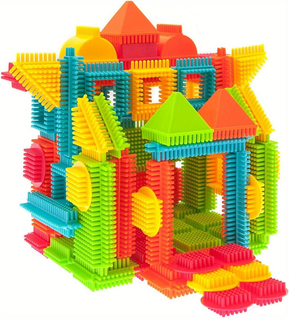 Building Block Set Bristle Construction Pieces, 150-Piece Colorful Interlocking Shapes with Storage Tub