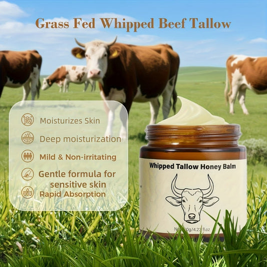 Grass-Fed Beef Tallow Moisturizer Balm with Honey & Hyaluronic Acid Natural Whipped Face Body Cream Nourishing Lotion Sensitive Skin Safe 114g/4oz