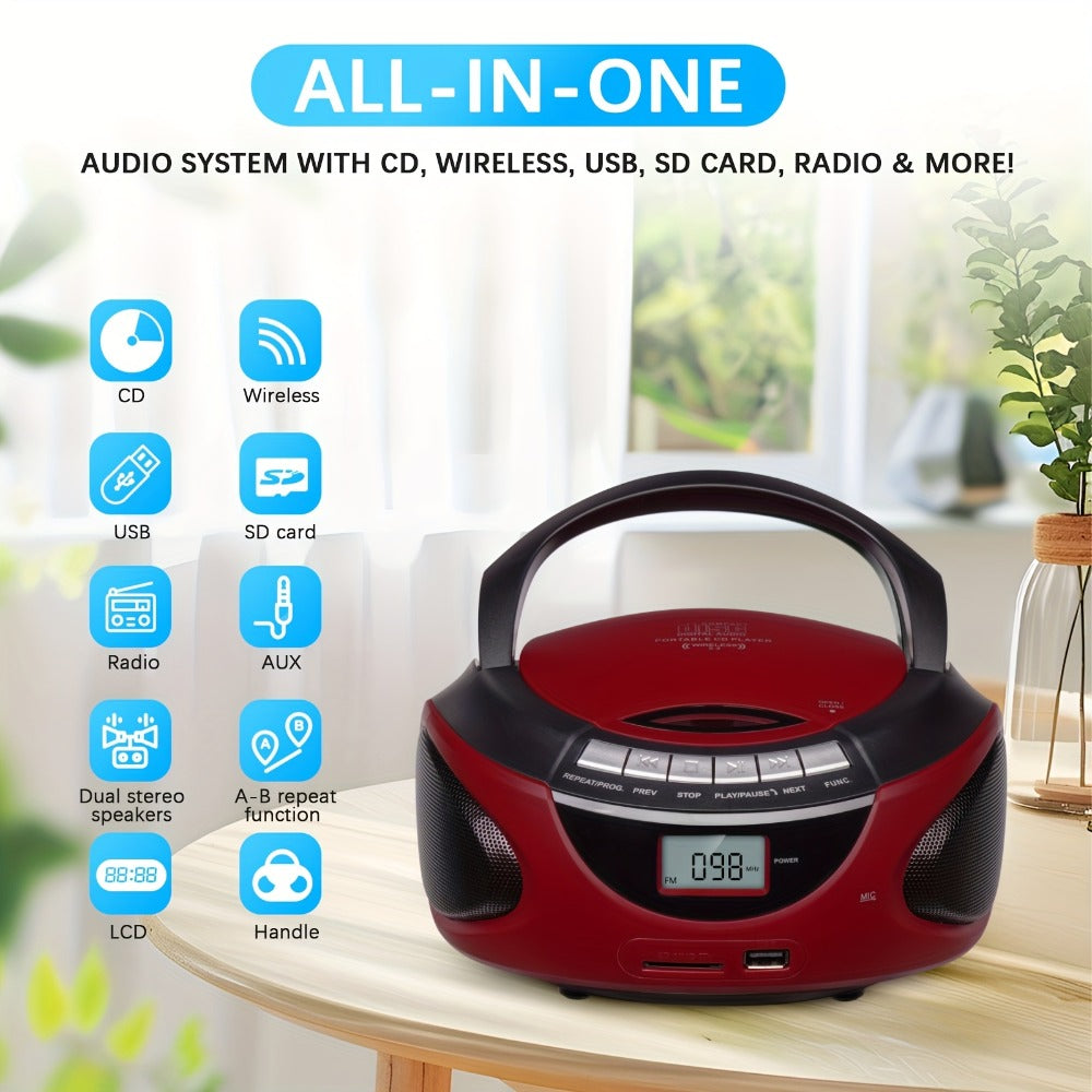 Portable CD Player Boombox with AM FM Radio Dual Stereo Speakers, Aux Input USB TF Card MP3 Player