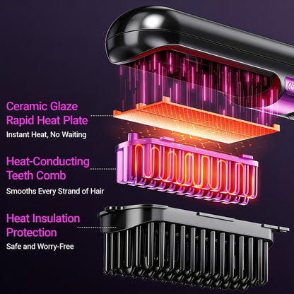 Ionic Hair Straightener Brush USB-C Rechargeable 3-in-1 Straightener Curler Styler — Adjustable Temperature, Anti-Scald Bristles, Frizz Control & Shine Boost, Salon Results at Home for All Hair Types